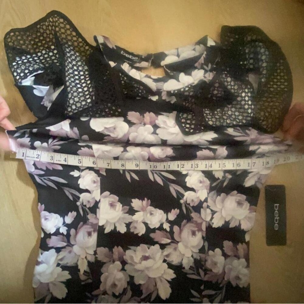 Lace Cold Shoulder Bebe Floral Mini Dress NWT Bodycon Sz 10 Black White Pink - Picture 15 of 16
